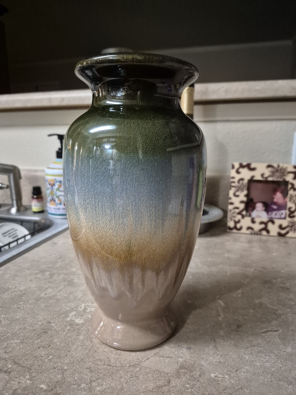 Handcrafted Crackle, Glazed Ceramic Vase in Green, Blue and Amber - Picture 3 of 4